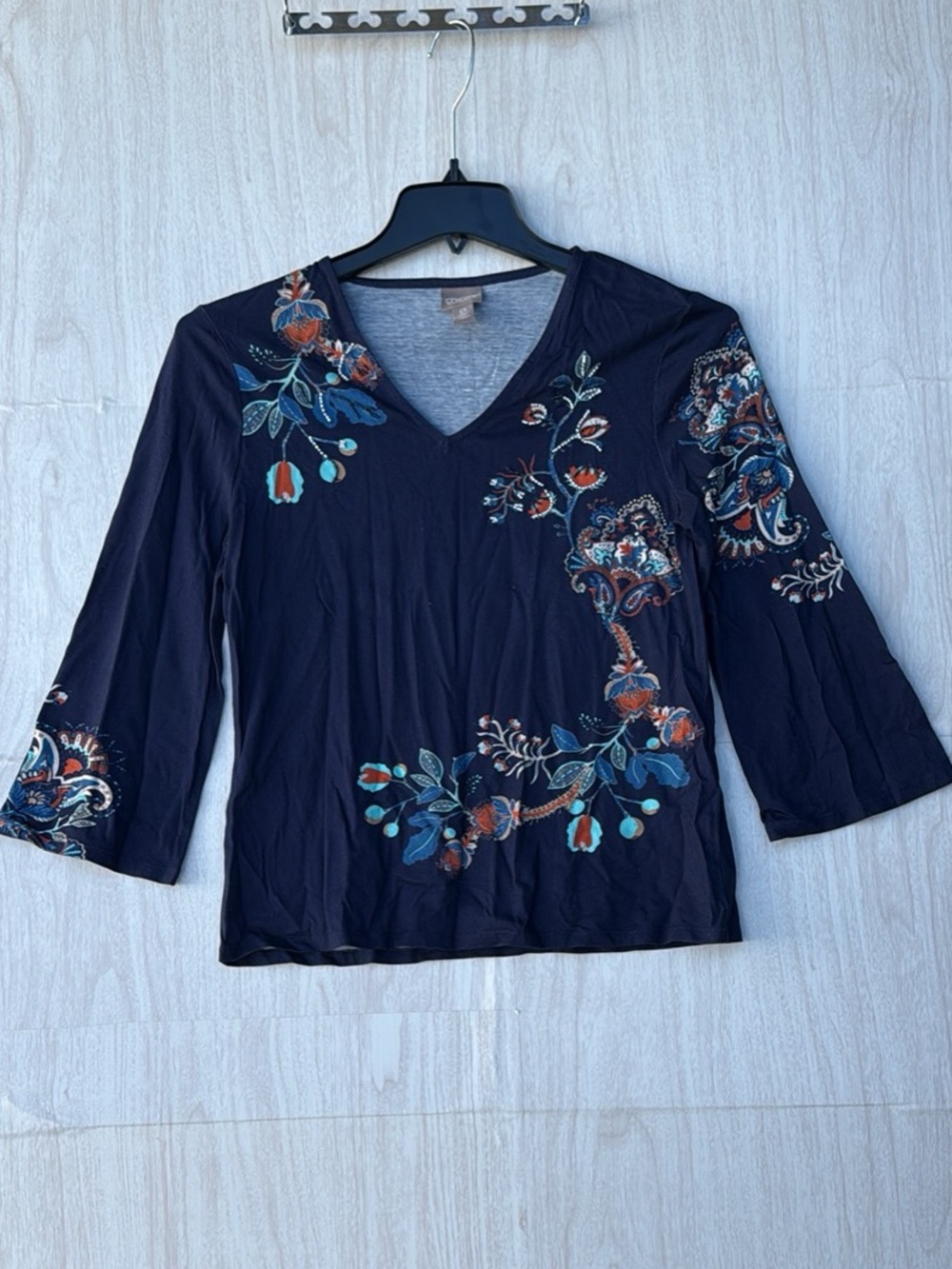 Chico's Navy V-Neck Tunic with Multicolor Floral Embroidery